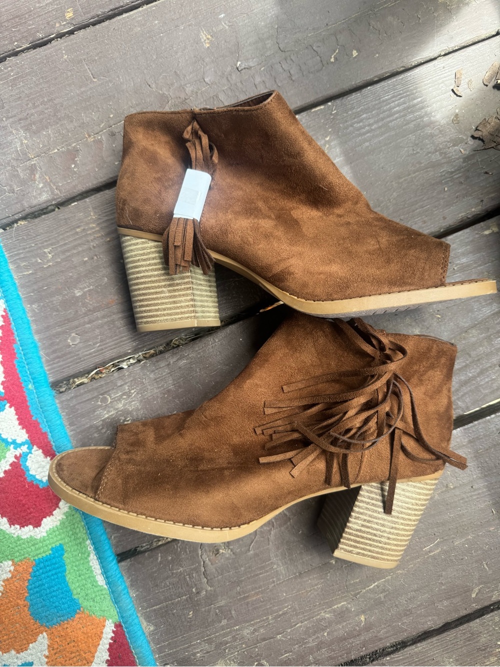 Soda Brown Suede Fringe Peep-Toe Block Heel Booties